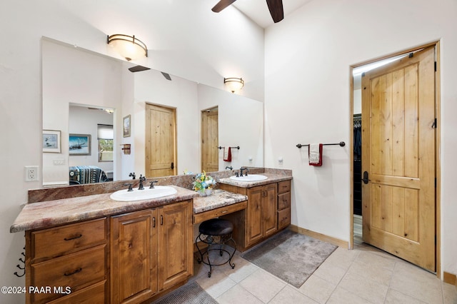 bathroom with vanity, tile patterned floors, and ceiling fan