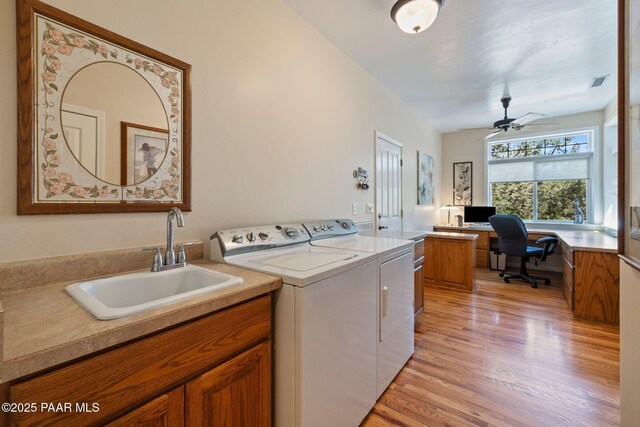 115 E Rosser St, Prescott, AZ 86301 - laundry room featuring independent washer and dryer, light wood-type flooring, a ceiling fan, and an office area