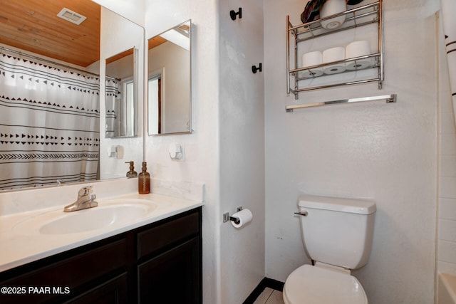 bathroom with wood ceiling, toilet, walk in shower, and vanity