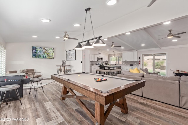 502 E Le Marche Ave, Phoenix, AZ 85022 - recreation room with billiards, recessed lighting, light wood finished floors, ceiling fan, and vaulted ceiling with beams
