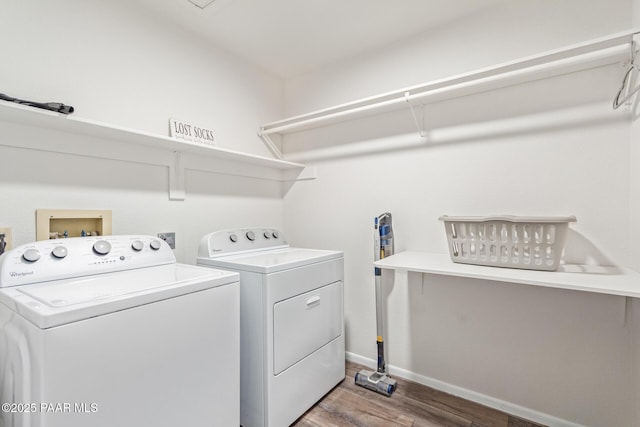 502 E Le Marche Ave, Phoenix, AZ 85022 - clothes washing area with baseboards, wood finished floors, laundry area, and washing machine and clothes dryer