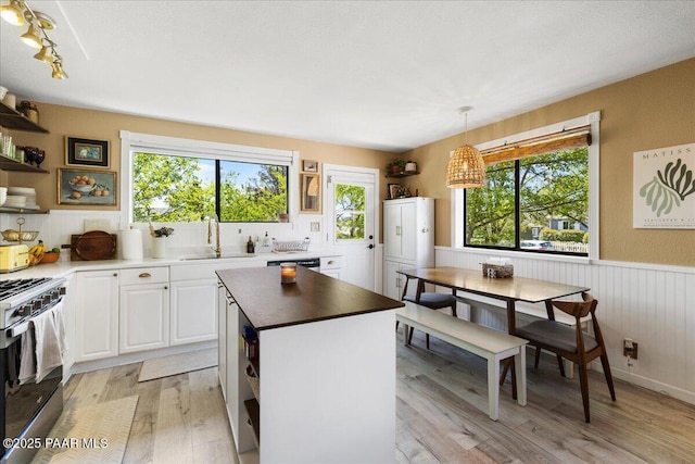 714 Mingus Ave, Prescott, AZ 86301 - kitchen with stainless steel range with gas stovetop, healthy amount of natural light, open shelves, wainscoting, and light wood-style flooring