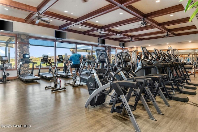 1183 Northridge Dr, Prescott, AZ 86301 - workout area with ceiling fan, coffered ceiling, and beamed ceiling