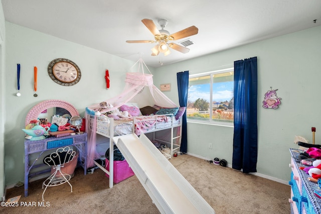 bedroom featuring ceiling fan and light colored carpet