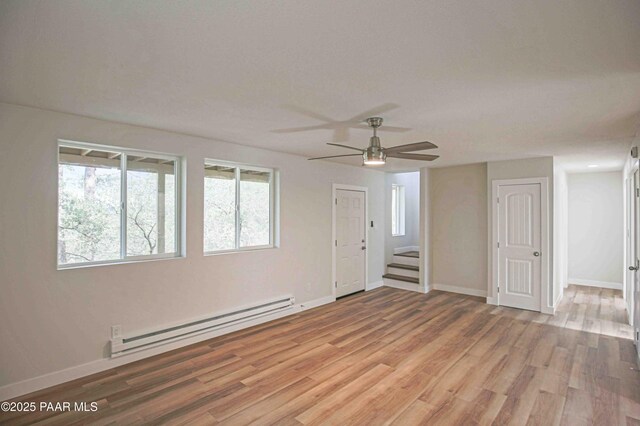 1251 Navajo Way, Prescott, AZ 86305 - empty room featuring baseboard heating, a ceiling fan, light wood-style floors, stairway, and baseboards