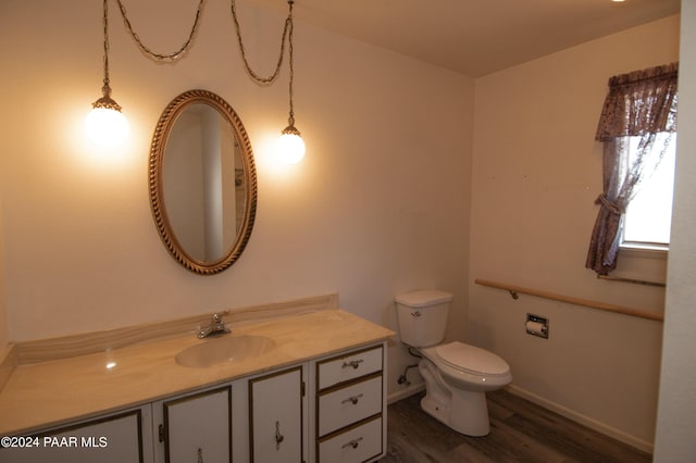 bathroom with vanity, hardwood / wood-style flooring, and toilet