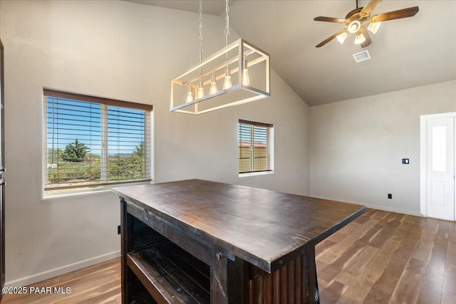 17940 E Native Dancer Ln, Dewey-Humboldt, AZ 86327 - kitchen featuring wood finished floors, lofted ceiling, a ceiling fan, and plenty of natural light