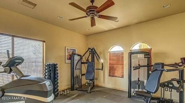 workout area featuring ceiling fan