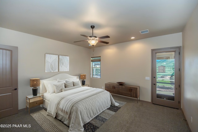 bedroom featuring carpet, ceiling fan, and access to exterior