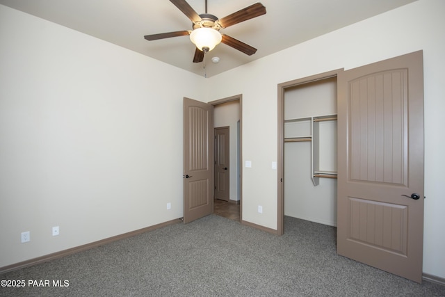 unfurnished bedroom with ceiling fan, a closet, and carpet