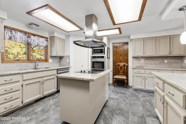 kitchen with a sink, island range hood, marble finish floor, stainless steel appliances, and backsplash