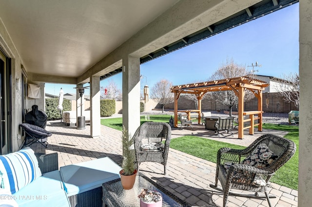 view of patio / terrace with outdoor lounge area and a pergola