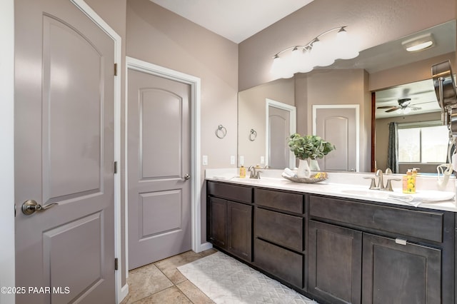 bathroom featuring vanity, ceiling fan, and tile patterned flooring