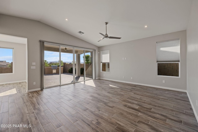 5268 Tranquil Bluff Way, Prescott, AZ 86301 - spare room featuring a ceiling fan, wood finished floors, vaulted ceiling, baseboards, and recessed lighting