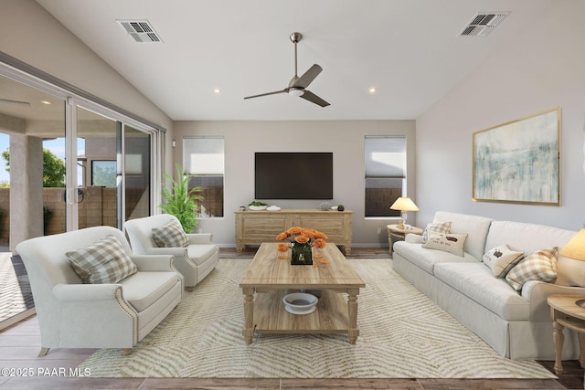 5268 Tranquil Bluff Way, Prescott, AZ 86301 - living room featuring a ceiling fan, lofted ceiling, baseboards, recessed lighting, and wood finished floors