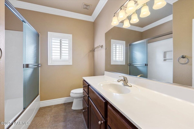 full bathroom with ornamental molding, toilet, combined bath / shower with glass door, and a wealth of natural light