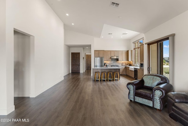 living room featuring high vaulted ceiling and dark hardwood / wood-style floors