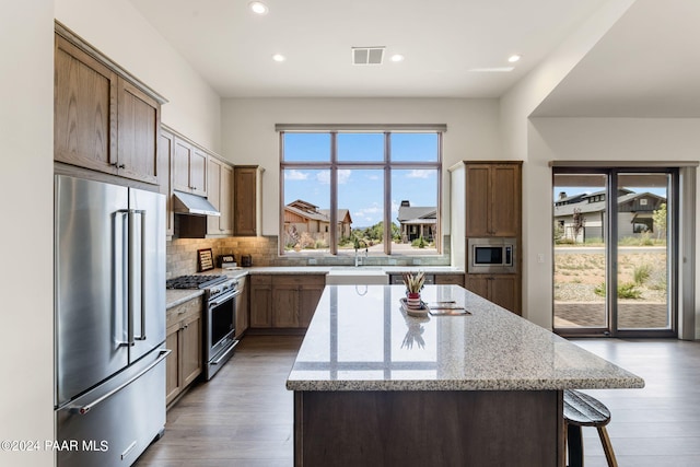 kitchen featuring a healthy amount of sunlight, a kitchen island, and high quality appliances