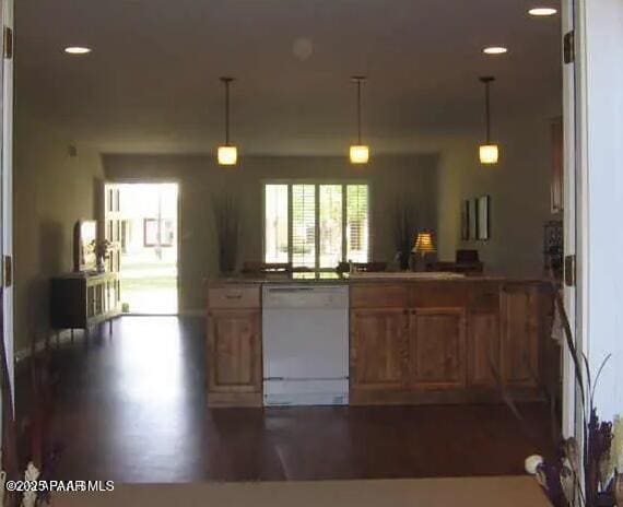 kitchen with white dishwasher, decorative light fixtures, and dark wood-type flooring