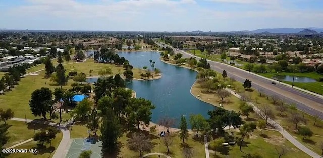 drone / aerial view featuring a water view