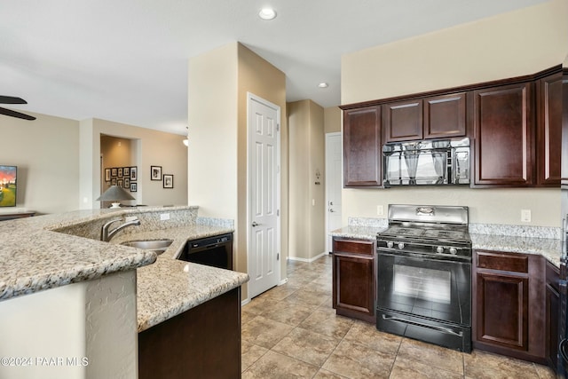 kitchen with ceiling fan, sink, light stone counters, light tile patterned flooring, and black appliances