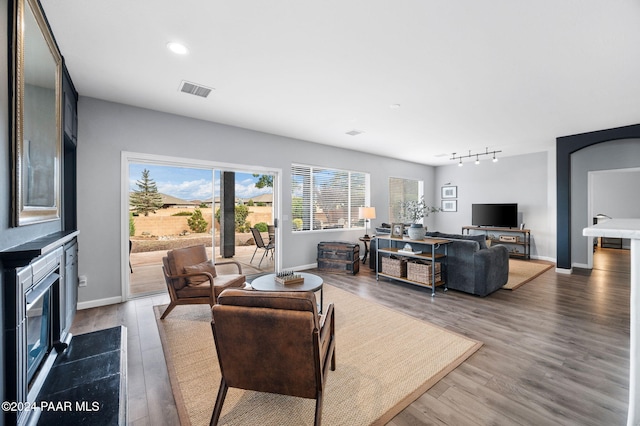 living room featuring hardwood / wood-style flooring and track lighting