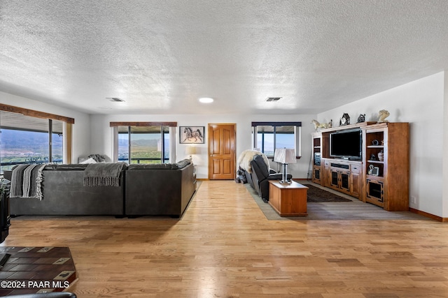 living room with light hardwood / wood-style flooring and a textured ceiling