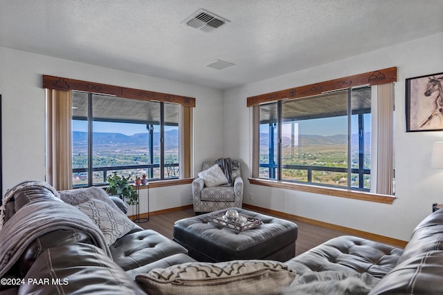 living room with a mountain view, dark hardwood / wood-style flooring, and a textured ceiling