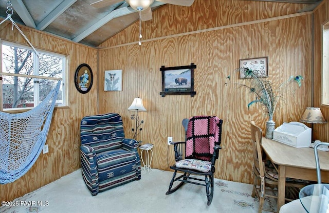 6174 N Viewpoint Dr, Prescott Valley, AZ 86314 - living area featuring wooden walls, carpet flooring, and lofted ceiling