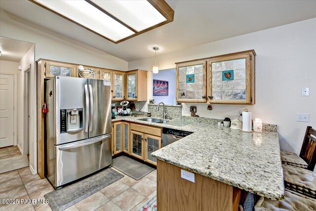 6174 N Viewpoint Dr, Prescott Valley, AZ 86314 - kitchen featuring glass insert cabinets, light stone countertops, a peninsula, stainless steel appliances, and a sink