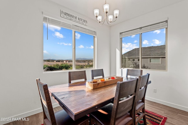 dining room featuring hardwood / wood-style flooring and a notable chandelier