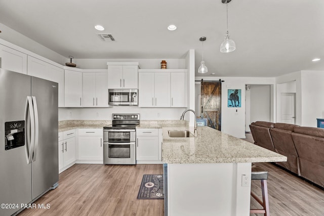 kitchen with sink, a barn door, light hardwood / wood-style floors, decorative light fixtures, and appliances with stainless steel finishes