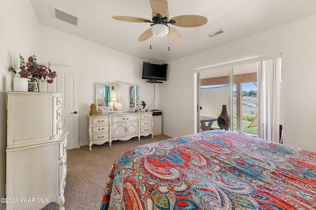 carpeted bedroom with ceiling fan and access to outside