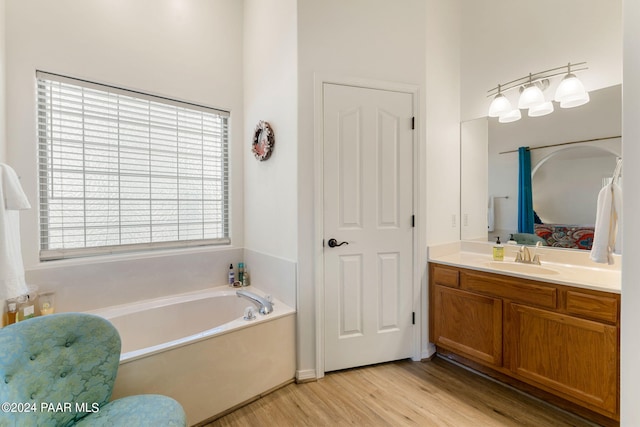 bathroom with vanity, a bathing tub, and hardwood / wood-style floors