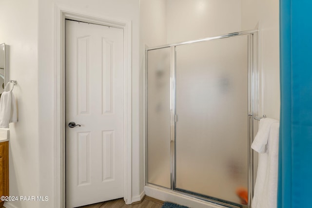 bathroom featuring vanity and a shower with shower door