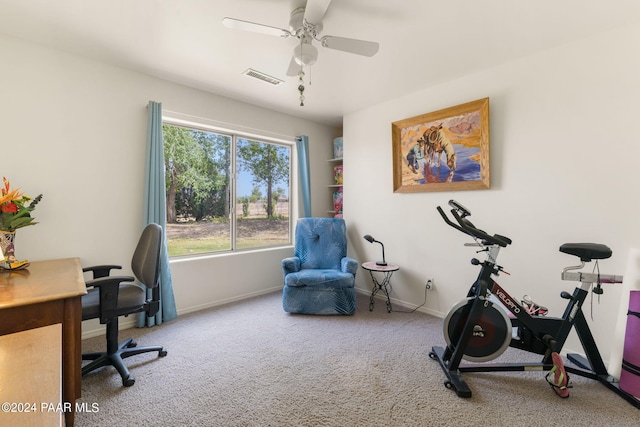 office space with ceiling fan and carpet flooring