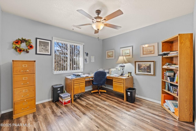 office with hardwood / wood-style flooring, ceiling fan, and a textured ceiling