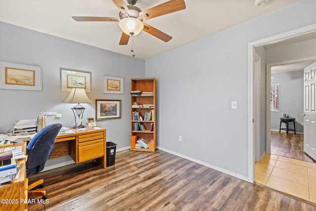 office area with hardwood / wood-style flooring and ceiling fan