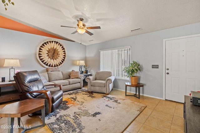 living room with ceiling fan and light tile patterned floors