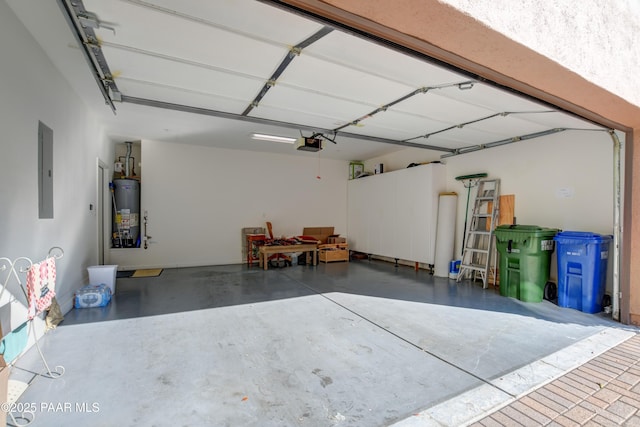 garage with a garage door opener, water heater, and electric panel