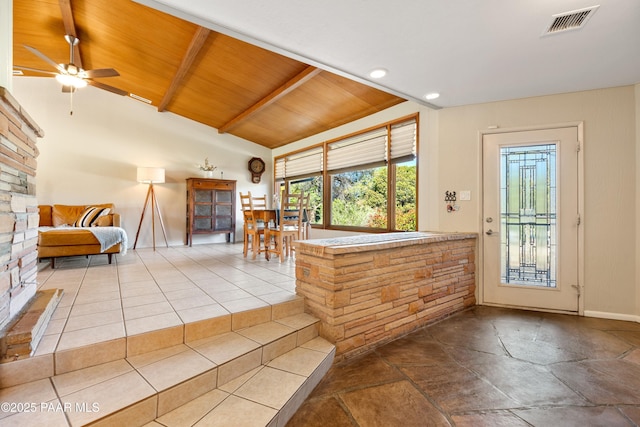 interior space featuring wood ceiling, visible vents, baseboards, a ceiling fan, and vaulted ceiling with beams