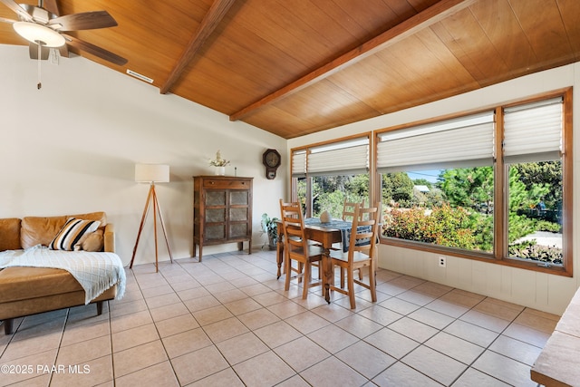 dining area with lofted ceiling with beams, light tile patterned floors, a wealth of natural light, and wood ceiling