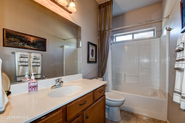 5461 N Bremont Way, Prescott Valley, AZ 86314 - bathroom with toilet, vanity, shower / bath combo with shower curtain, and tile patterned flooring