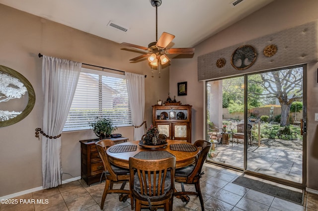 5461 N Bremont Way, Prescott Valley, AZ 86314 - dining room featuring lofted ceiling, a ceiling fan, light tile patterned floors, and baseboards