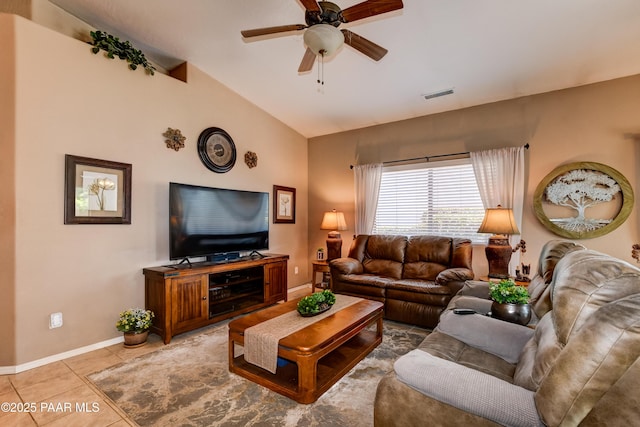 5461 N Bremont Way, Prescott Valley, AZ 86314 - living room with lofted ceiling, a ceiling fan, light tile patterned floors, and baseboards