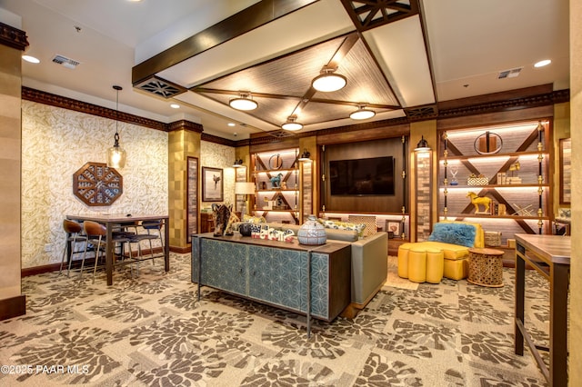 5461 N Bremont Way, Prescott Valley, AZ 86314 - living room featuring carpet, ornate columns, baseboards, wallpapered walls, and recessed lighting