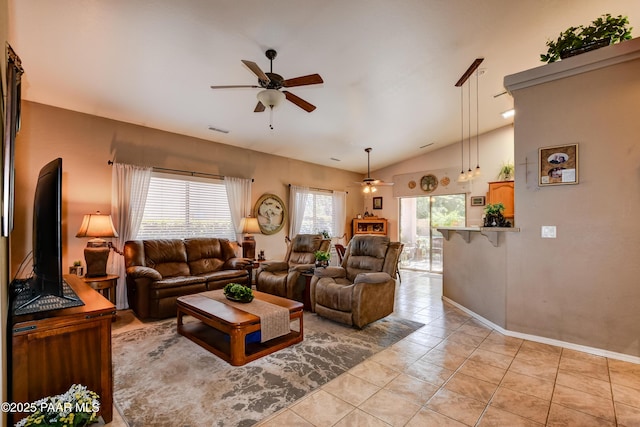 5461 N Bremont Way, Prescott Valley, AZ 86314 - living area featuring a ceiling fan, lofted ceiling, light tile patterned floors, and baseboards