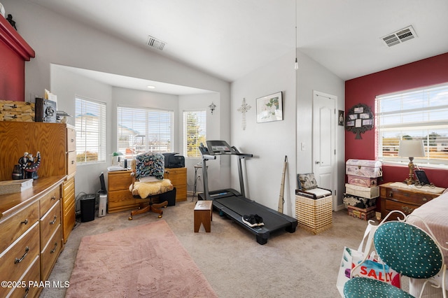 exercise room featuring light colored carpet, lofted ceiling, and visible vents