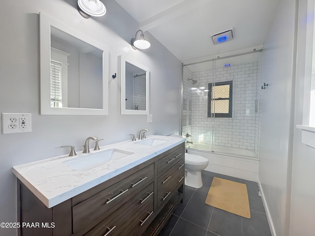 full bathroom with enclosed tub / shower combo, vanity, toilet, and tile patterned flooring