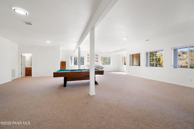 playroom featuring a healthy amount of sunlight, light colored carpet, beam ceiling, and billiards